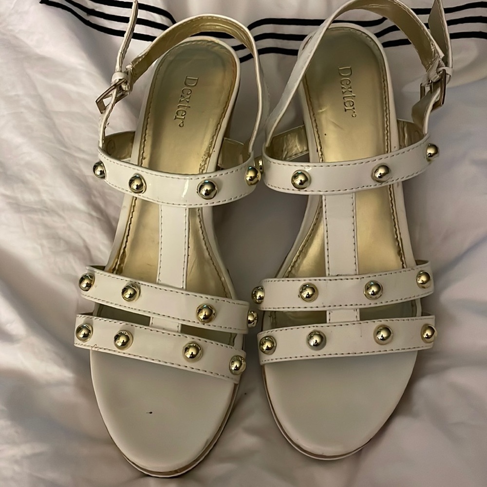 Dexter T Strapped Wedge Sandals with Gold Hardware